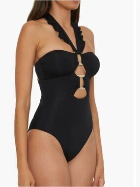 Soluna Swim Black Cutout Halter One-Piece Swimsuit New Medium Women's